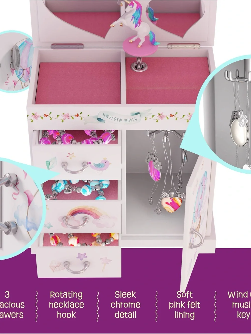 NIB Unicorn Musical Jewelry Box Kids 3 Drawer Chest Spinning Unicorn & Mirrors